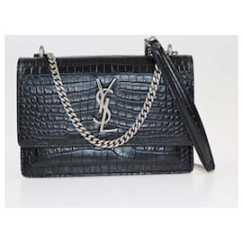 Saint Laurent-Saint Laurent Black Croc Embossed Sunset Wallet On Chain-Black