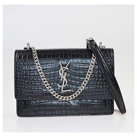 Saint Laurent-Saint Laurent Black Croc Embossed Sunset Wallet On Chain-Black