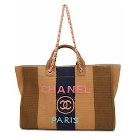 Chanel-Brown Chanel Large Striped Straw Raffia Deauville Tote Satchel-Brown