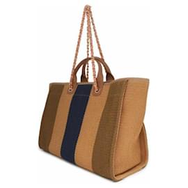 Chanel-Brown Chanel Large Striped Straw Raffia Deauville Tote Satchel-Brown