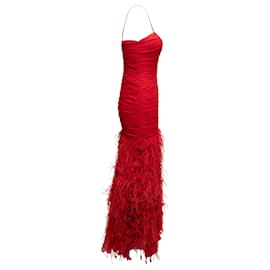 Autre Marque-Red Pamela Roland Feather-Trimmed Silk Evening Dress Size US 6-Red
