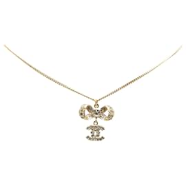 Chanel-Gold Chanel Gold Plated CC Bow Crystal Pendant Necklace-Golden