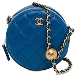 Chanel-Blue Chanel CC Quilted Lambskin Pearl Crush Round Clutch with Chain Crossbody Bag-Blue