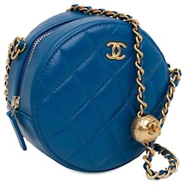 Chanel-Blue Chanel CC Quilted Lambskin Pearl Crush Round Clutch with Chain Crossbody Bag-Blue