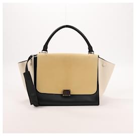 Céline-CELINE Medium Trapeze Leather 2Way Handbag Multicolor in Ivory and Black-Beige