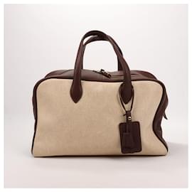 Hermès-HERMES Victoria 43 Toile H & Taurillon Clemence Brown Gold Metal Fittings Engraving unknown-Beige
