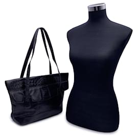 Autre Marque-Vintage Black Embossed Leather Tote Shoulder Bag-Black
