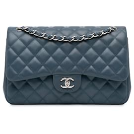 Chanel-Chanel Blue Jumbo Classic Lambskin Double Flap-Blue