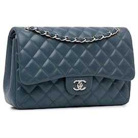 Chanel-Chanel Blue Jumbo Classic Lambskin Double Flap-Blue