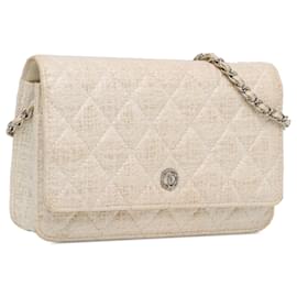 Chanel-Portefeuille en tweed enduit CC marron Chanel sur chaîne-Marron,Beige