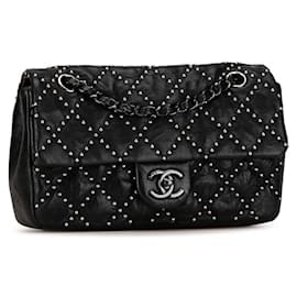 Chanel-Chanel Mini Matelasse Studs Chain Shoulder Bag Black Lambskin in Very Good Condition-Black