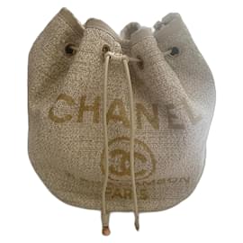Chanel-Chanel Deauville Drawstring Bucket Bag Raffia Medium-White