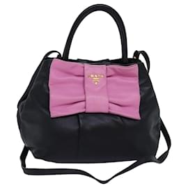 Prada-PRADA Ribbon Hand Bag Leather 2way Black Pink Auth 77209-Black,Pink