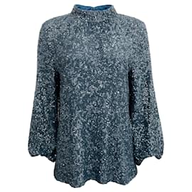 Autre Marque-Lafayette 148 New York Blue Sequined Mock Neck Blouse-Blue