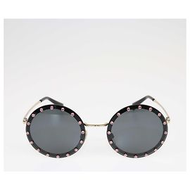 Valentino negro/Gafas de sol redondas con tachuelas de cristal rosa Negro