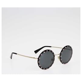 Valentino-Valentino black/Pink Crystal Studded Round Sunglasses-Black
