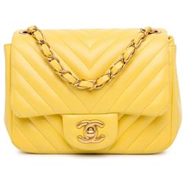 Chanel-Yellow Chanel Mini Square Classic Lambskin Chevron Single Flap Crossbody Bag-Yellow