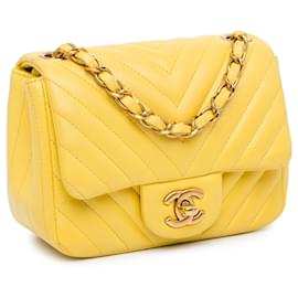 Chanel-Yellow Chanel Mini Square Classic Lambskin Chevron Single Flap Crossbody Bag-Yellow