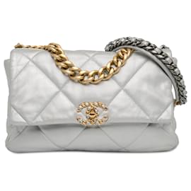 Chanel-Silver Chanel Large Metallic Lambskin 19 Flap Satchel-Silvery