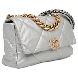 Chanel-Silver Chanel Large Metallic Lambskin 19 Flap Satchel-Silvery