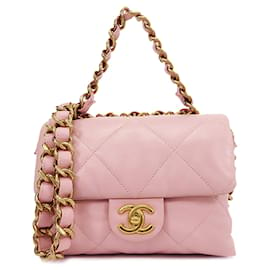Chanel-Pink Chanel Quilted Lambskin Chain Top Handle Flap Satchel-Pink