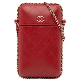 Chanel-Red Chanel CC Quilted Lambskin Chain Around Phone Holder Crossbody Bag-Red