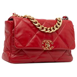 Chanel-Red Chanel Large Lambskin 19 Flap Satchel-Red