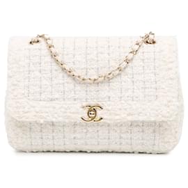 Chanel-White Chanel Medium Tweed Single Flap Crossbody Bag-White