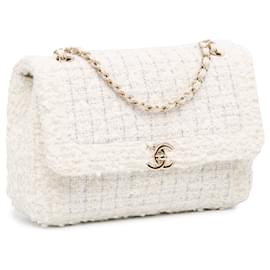 Chanel-White Chanel Medium Tweed Single Flap Crossbody Bag-White