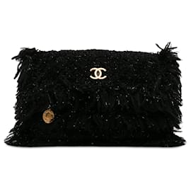 Chanel-Black Chanel Tweed Fringe Paris Cosmopolite Clutch-Black