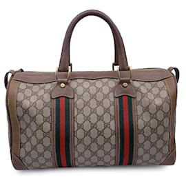 Gucci-Vintage Monogram Canvas Leather Web Duffle Boston Bag-Beige