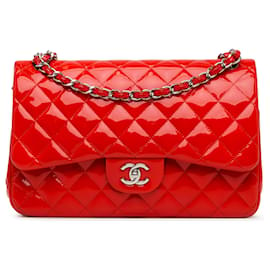 Chanel-Chanel Red Jumbo Classic Patent Double Flap-Red