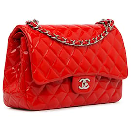Chanel-Chanel Red Jumbo Classic Patent Double Flap-Red