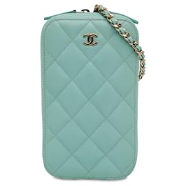 Chanel-Chanel Blue CC Quilted Caviar Zip Phone Case-Blue,Light blue