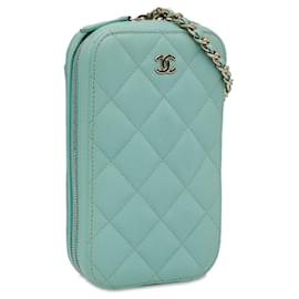 Chanel-Chanel Blue CC Quilted Caviar Zip Phone Case-Blue,Light blue