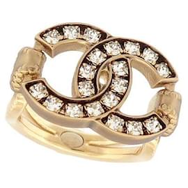 Chanel-NEUF BAGUE CHANEL LOGO CC STRASS 54 METAL DORE GOLDEN EARRINGS-Doré