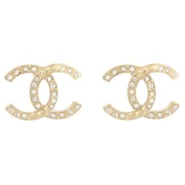 Chanel-NEUF BOUCLES D'OREILLES CHANEL LOGO CC STRASS METAL DORE GOLDEN EARRING NEW-Doré