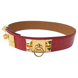 Hermès NEW HERMES MEDOR BELT DOG COLLAR T75 CROCODILE LEATHER BELT Red