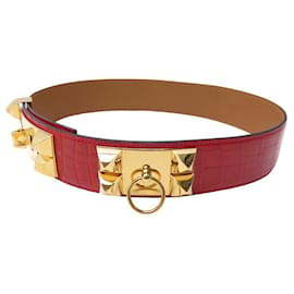 Hermès-NEW HERMES MEDOR BELT DOG COLLAR T75 CROCODILE LEATHER BELT-Red