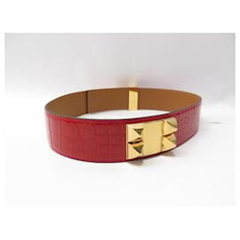 Hermès-NEW HERMES MEDOR BELT DOG COLLAR T75 CROCODILE LEATHER BELT-Red