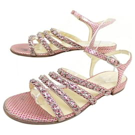 Chanel-CHANEL SHOES SPARTAN CHAIN SANDALS 37.5 PINK LEATHER WEIGHTED SHOES-Pink