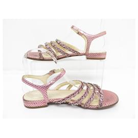 Chanel-CHANEL SHOES SPARTAN CHAIN SANDALS 37.5 PINK LEATHER WEIGHTED SHOES-Pink