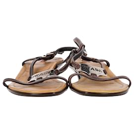 Prada-Prada Vintage Metal Triangle Logo Slingback Kitten Heel Sandals in Brown Leather-Brown,Red