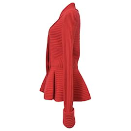 Alexander Mcqueen-Alexander McQueen Peplum Chunky-Knit Cardigan in Red Wool-Red
