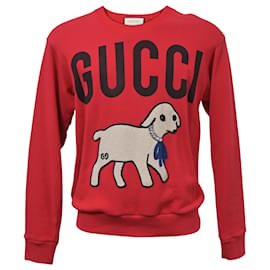 Gucci-Pull en agneau orné de cristaux Gucci en coton rouge-Rouge