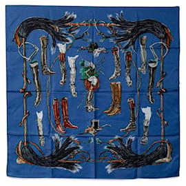 Hermès-HERMES CARRE 90 A propos de Bottes Scarf Cotton Scarf in Good condition-Blue