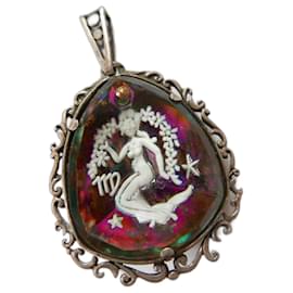 Vintage-Vintage 1970s Virgo mermaid carved glass and silver pendant-Multiple colors