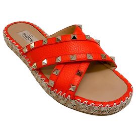 Valentino Orange Leather Rockstud Slide Sandals Orange