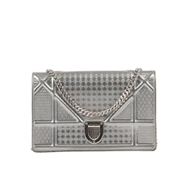 Dior-CHRISTIAN DIOR Metallic Silver Micro Cannage Leather Diorama Wallet On Chain Clutch Bag-Silvery
