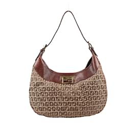 Fendi-Fendi Sac à bandoulière en cuir et toile Zucchino en beige (8BR552)-Marron